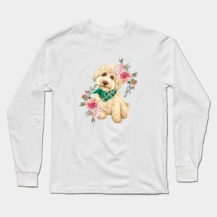 Cute Gold Labradoodle Puppy Dog with Flowers Watercolor Art Long Sleeve T-Shirt